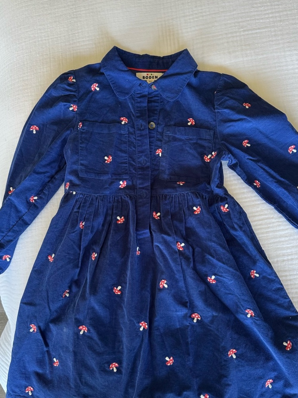 Boden Navy Dress with Red Mushroom Embroidery